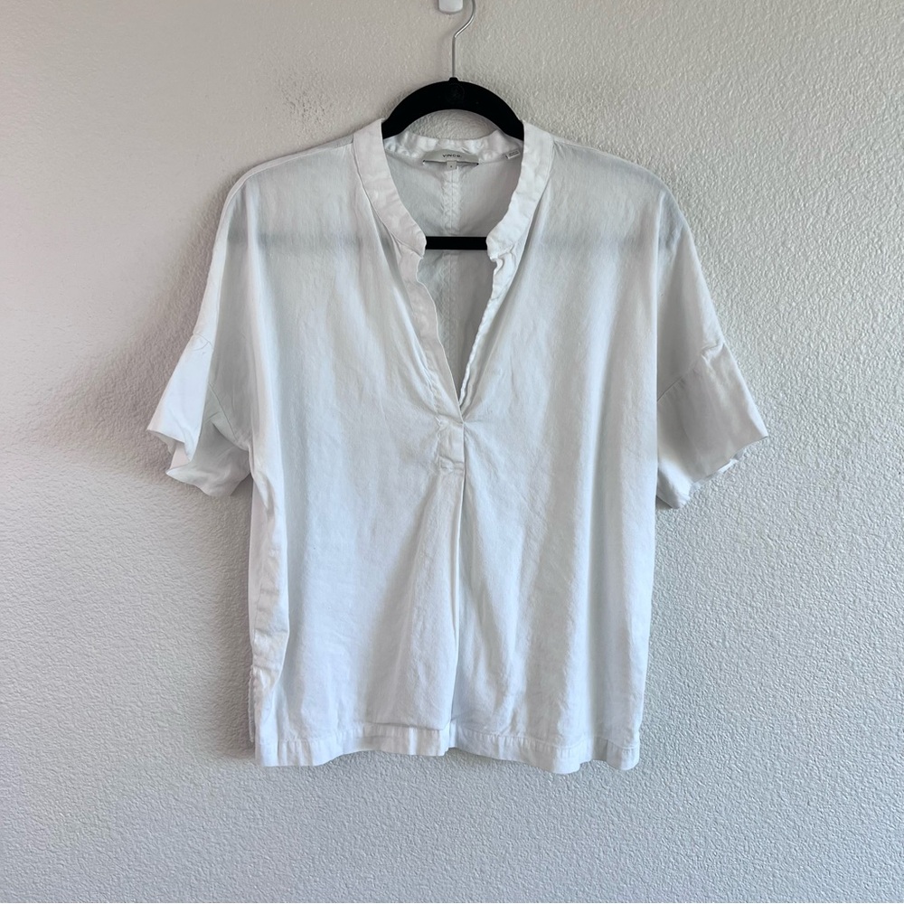 Vince‎ Women's Short Sleeve Linen Blend Popover Blouse White - Picture 2 of 10